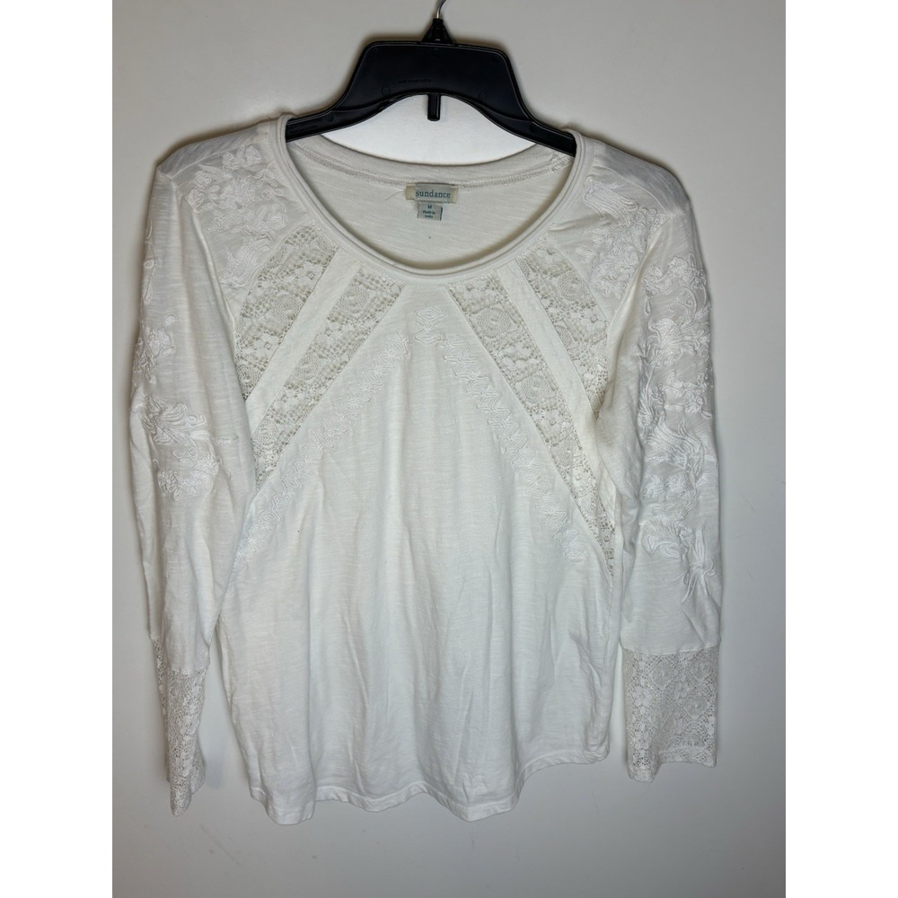 Sundance Shirt Womens Medium White Lace Embroidered Long Sleeve Jersey Top